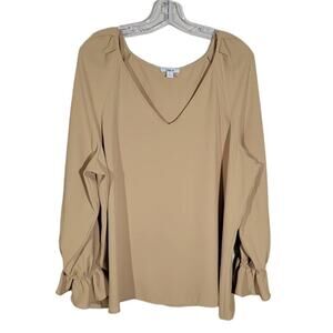 Bar III Women V-Neck Bell Sleeve Blouse Top Long Sleeves Pullover Tan Size XL